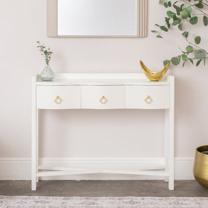 White Painted Curved 3 Drawer Console Table with Glass Top - Austin White Range