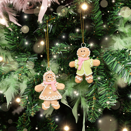  Set of 2 Gingerbread People Bauble Decorations - 7cm 