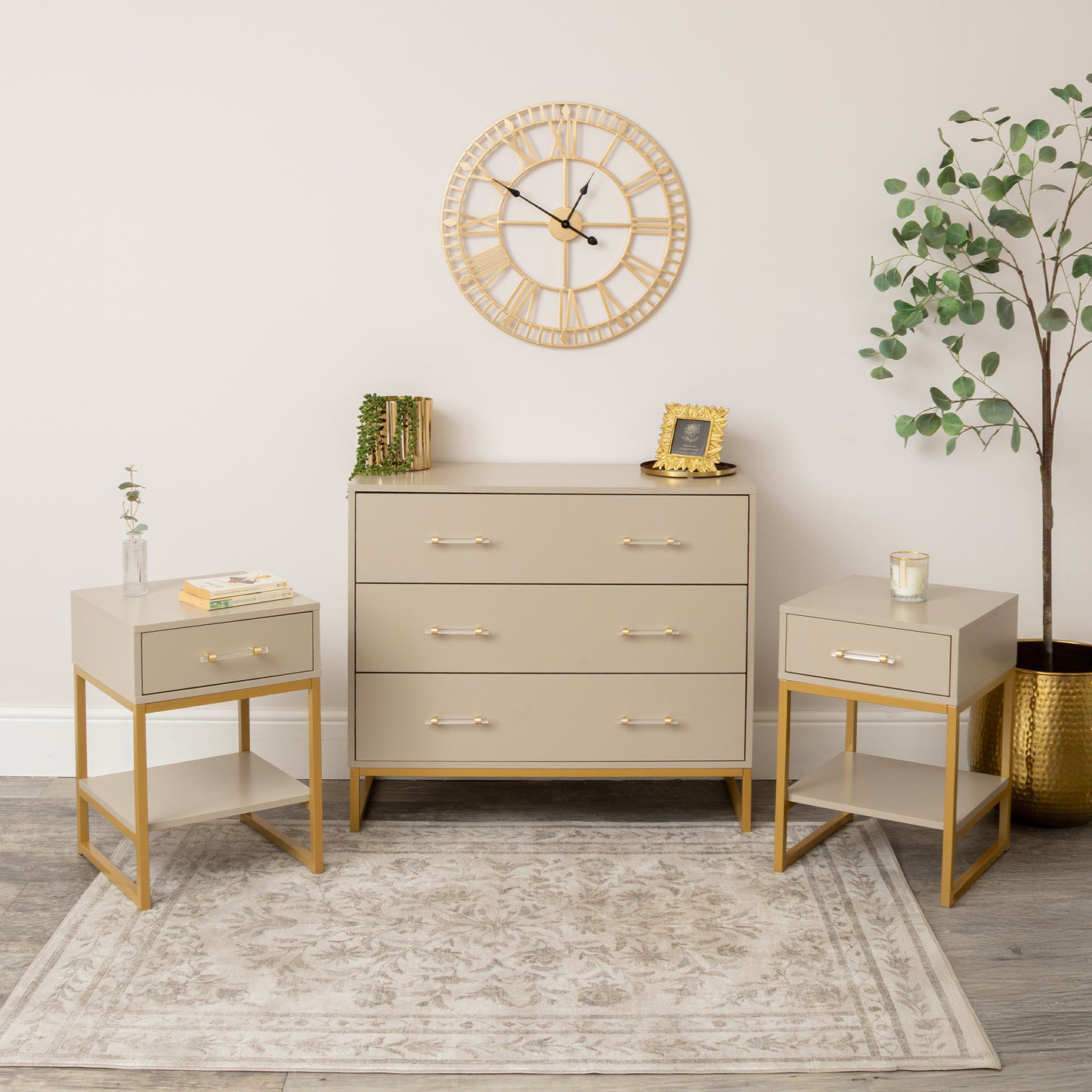3 Drawer Chest of Drawers & Pair of One Drawer Bedside Tables - Liana Taupe Range