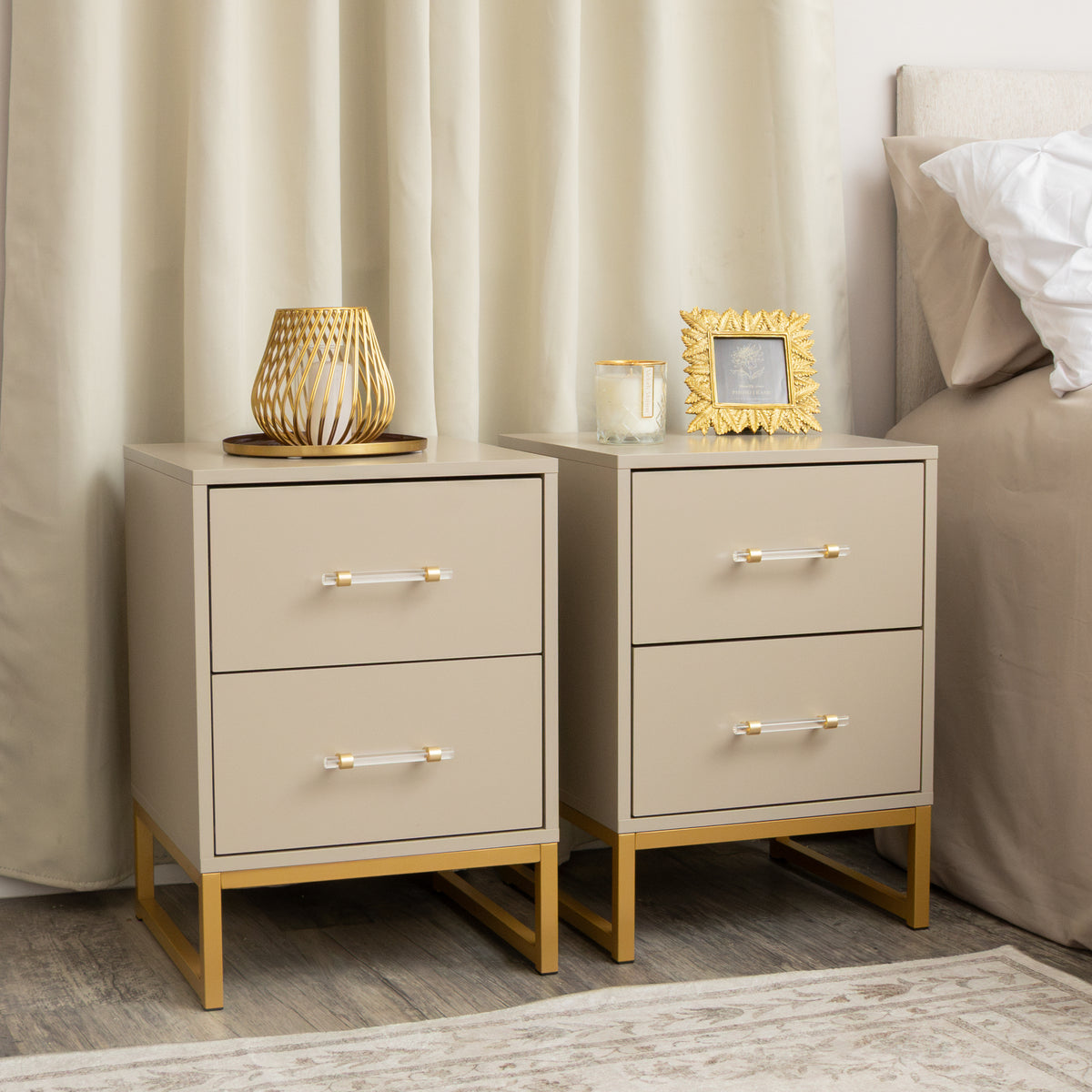 Pair of Two Drawer Bedside Tables - Liana Taupe Range