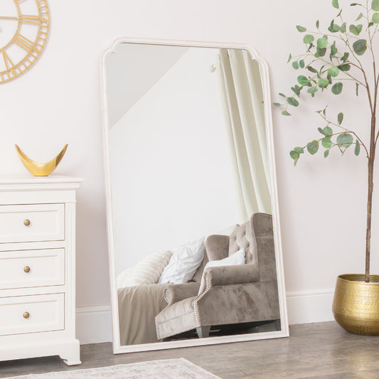  Large Arched White Washed Distressed Wooden Frame Wall & Leaner Mirror - 90cm x 145cm 