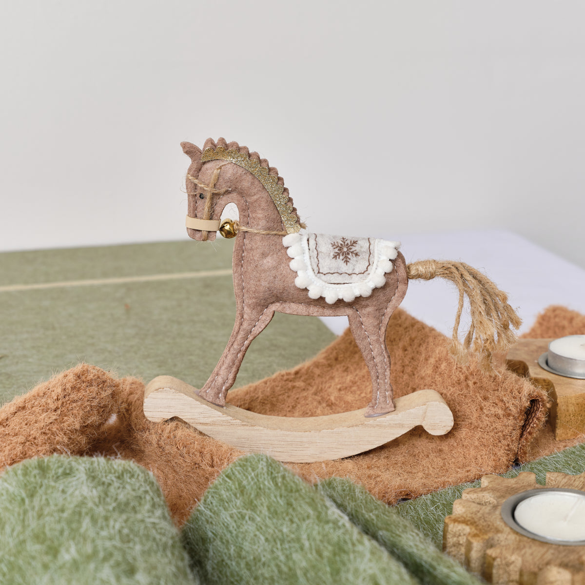 Neutral Brown Felt Standing Rocking Horse Decoration - 16cm