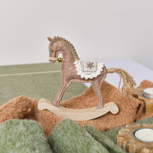  Neutral Brown Felt Standing Rocking Horse Decoration - 16cm 