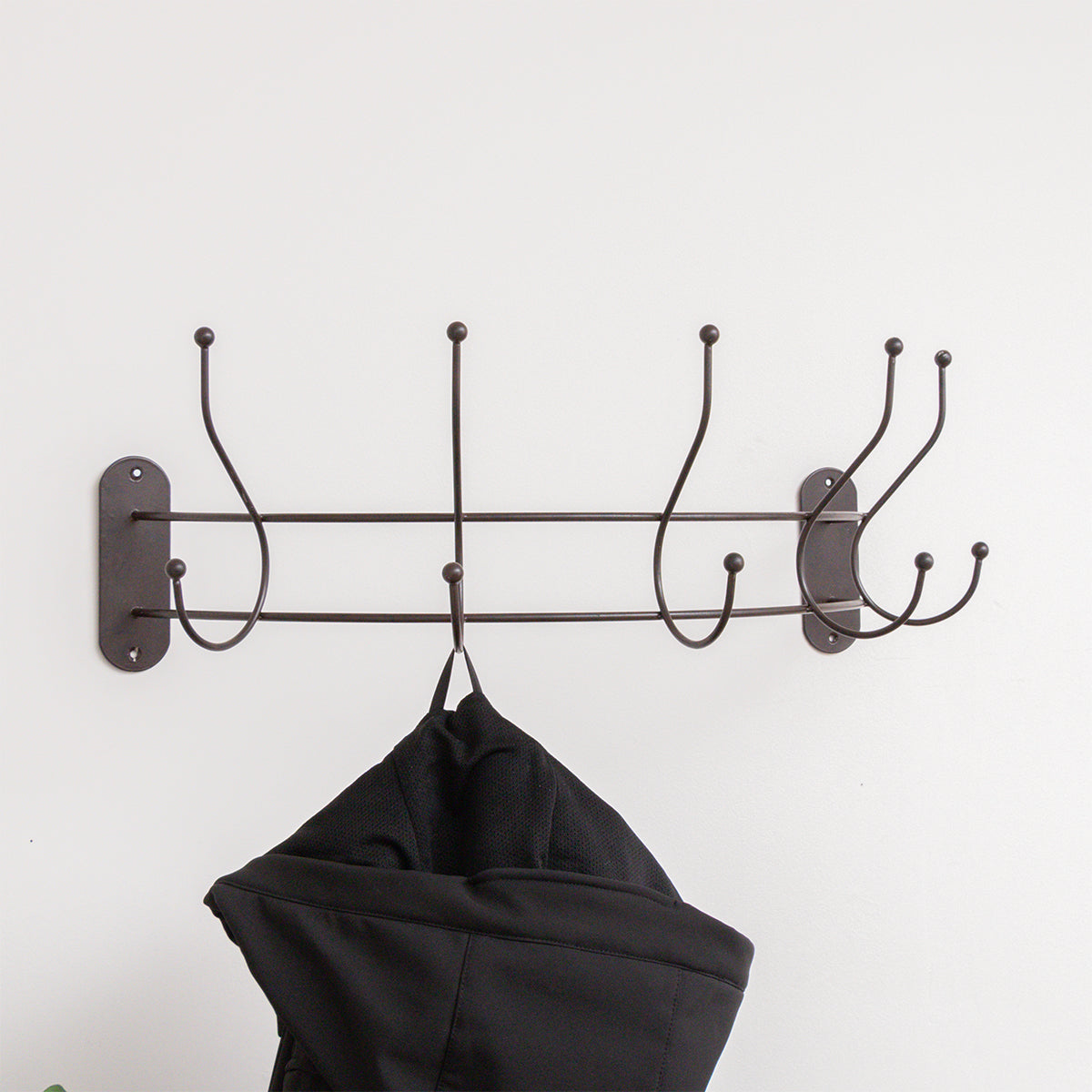 Antique Dark Bronze Curved Coat Hanger Rail with 5 Storage Hooks - 60cm