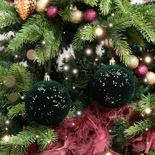  Set of 2 Green Glitter Flocked Bauble Decorations - 8cm 