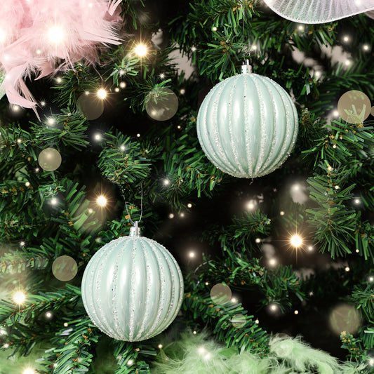  Set of 2 Icy Blue Glitter Striped Reeded Hanging Baubles - 8cm 