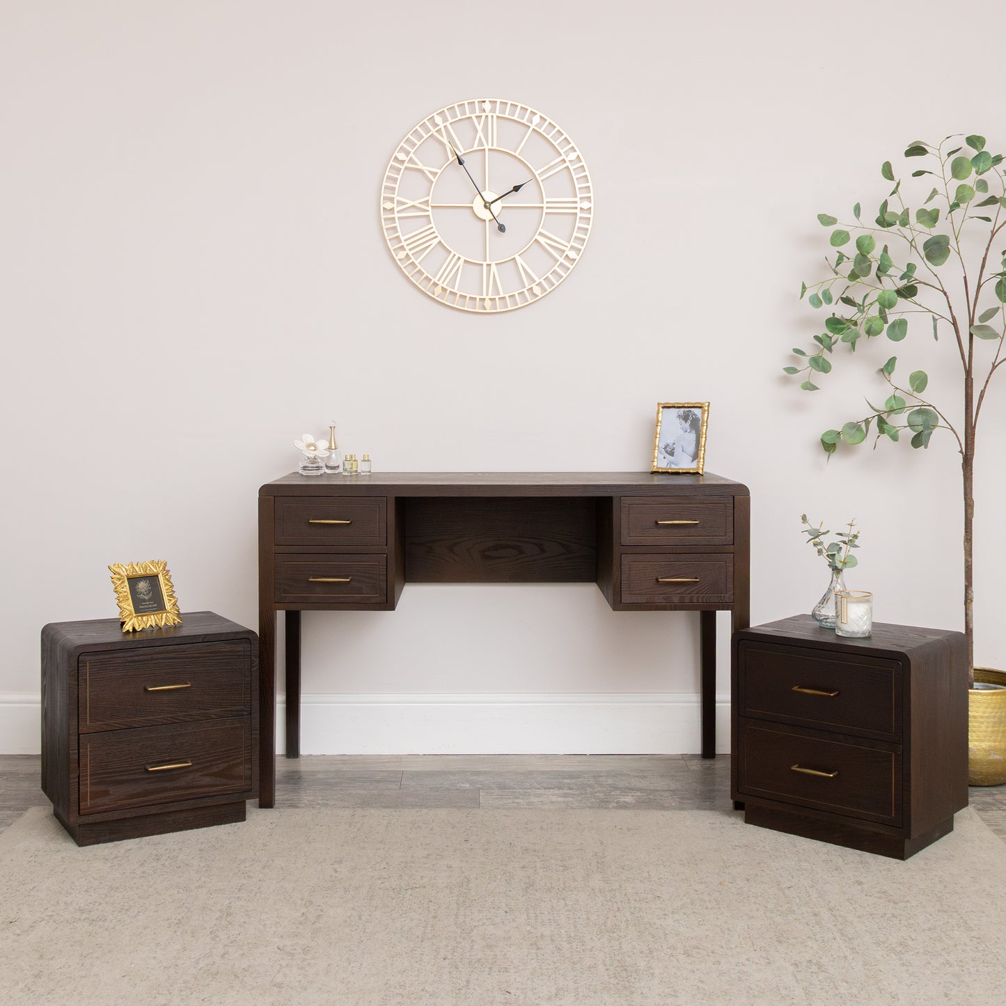 Dark Wood 4 Drawer Dressing Table & Pair of Bedside Tables - Kingsley Range