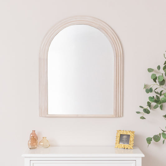  Large White Washed Wood Arched Wall Mirror - 90cm x 75cm 