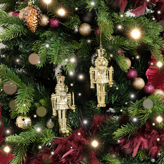 Set of 2 Shiny Gold Nutracker Hanging Tree Decorations - 12cm 