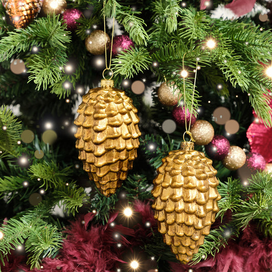  Set of 2 Gold Glitter Pine Cone Hanging Decoration 12cm 