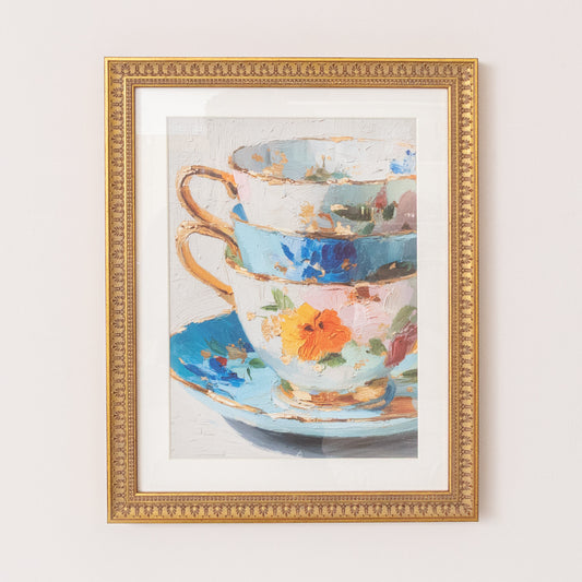  Multicoloured Teacup Wall Art with A Vintage Gold Frame - 40cm x 50cm 