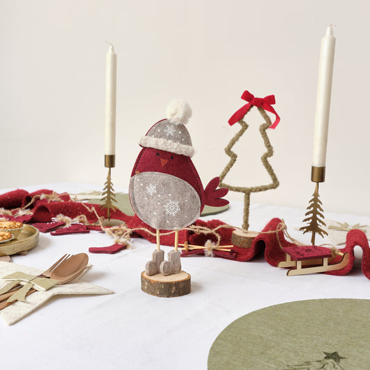  Red Felt Robin Standing Decoration with Wooden Base - 22cm 