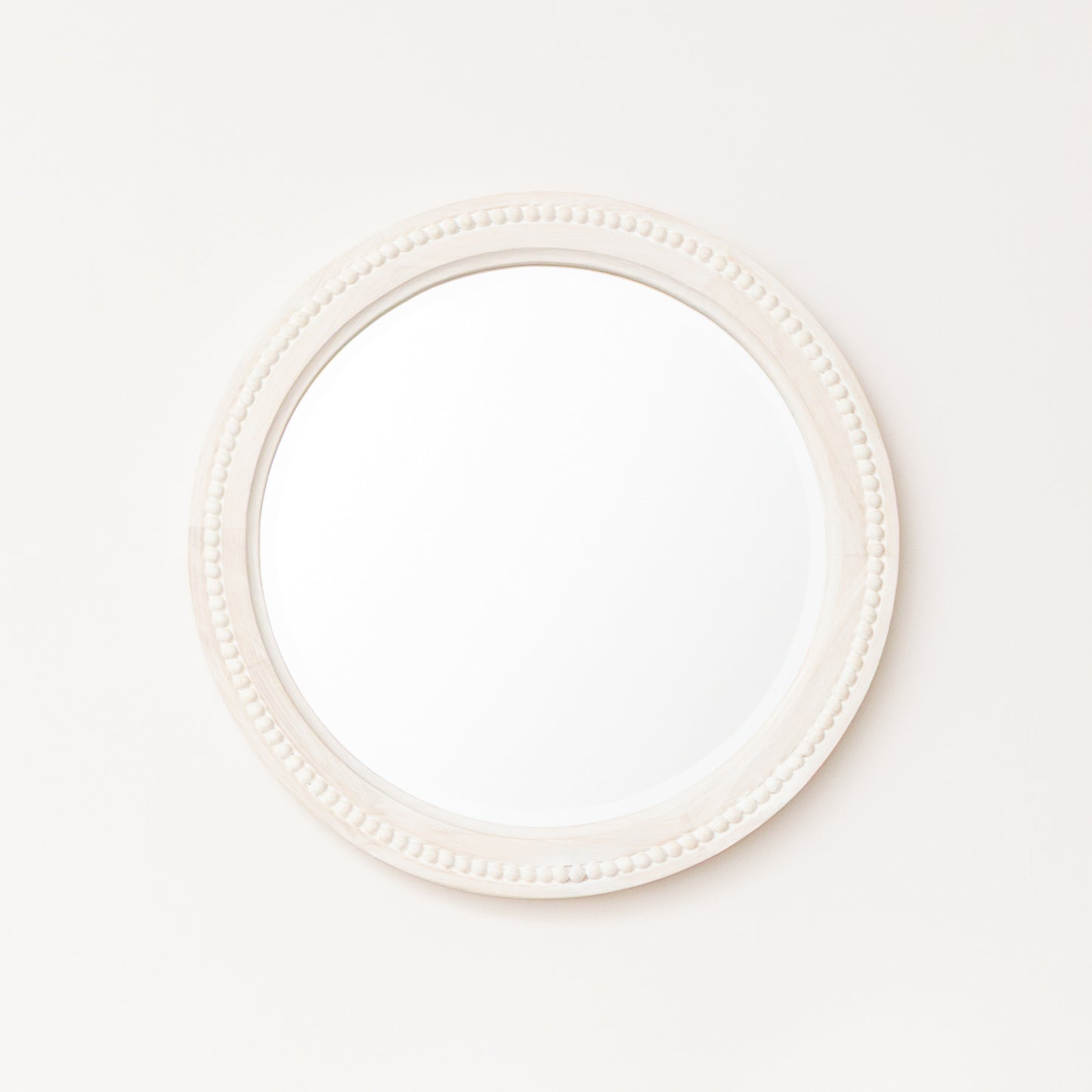 Round Distressed White Washed Wooden Bobbin Detailed Wall Mirror - 50cm x 50cm