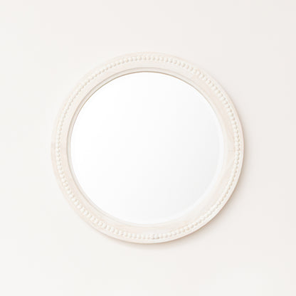 Round Distressed White Washed Wooden Bobbin Detailed Wall Mirror - 50cm x 50cm