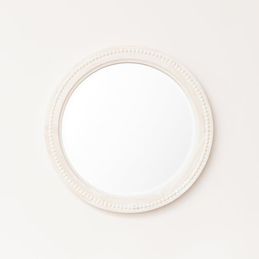  Round Distressed White Washed Wooden Bobbin Detailed Wall Mirror - 50cm x 50cm 