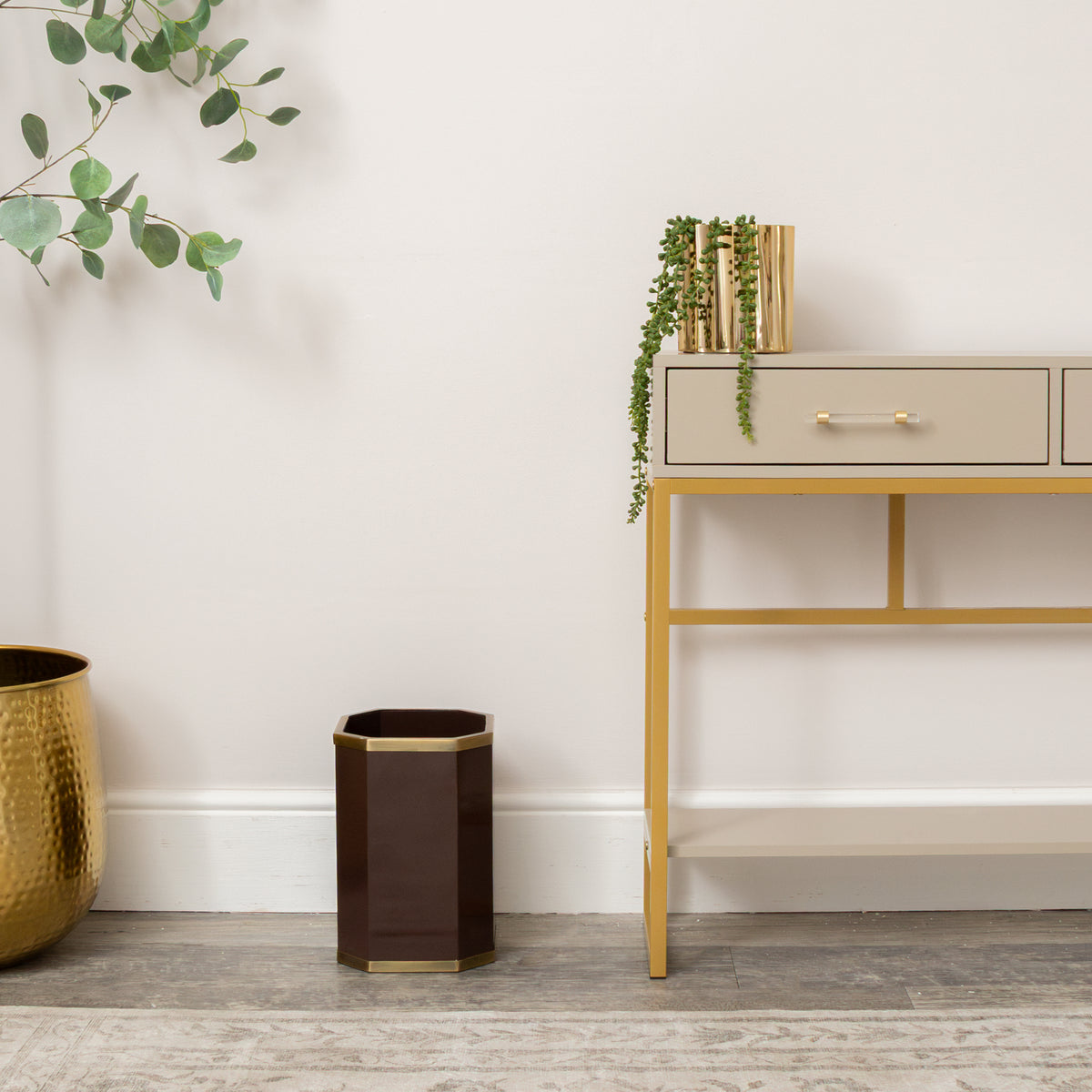 Hexagonal Chocolate Brown & Gold Edge Wooden Waste Paper Bin