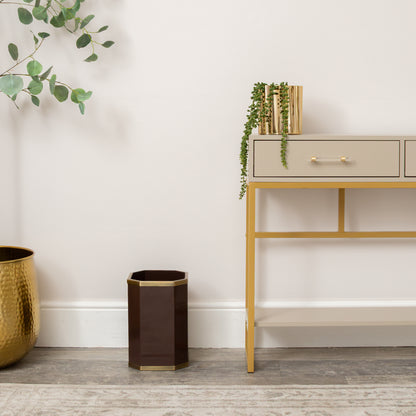 Hexagonal Chocolate Brown & Gold Edge Wooden Waste Paper Bin
