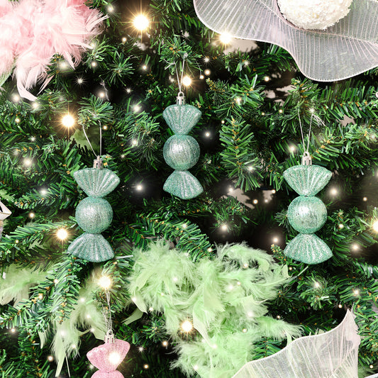  Set of 3 Sage Green Glitter Sweet Shaped Bauble Decorations - 11cm 
