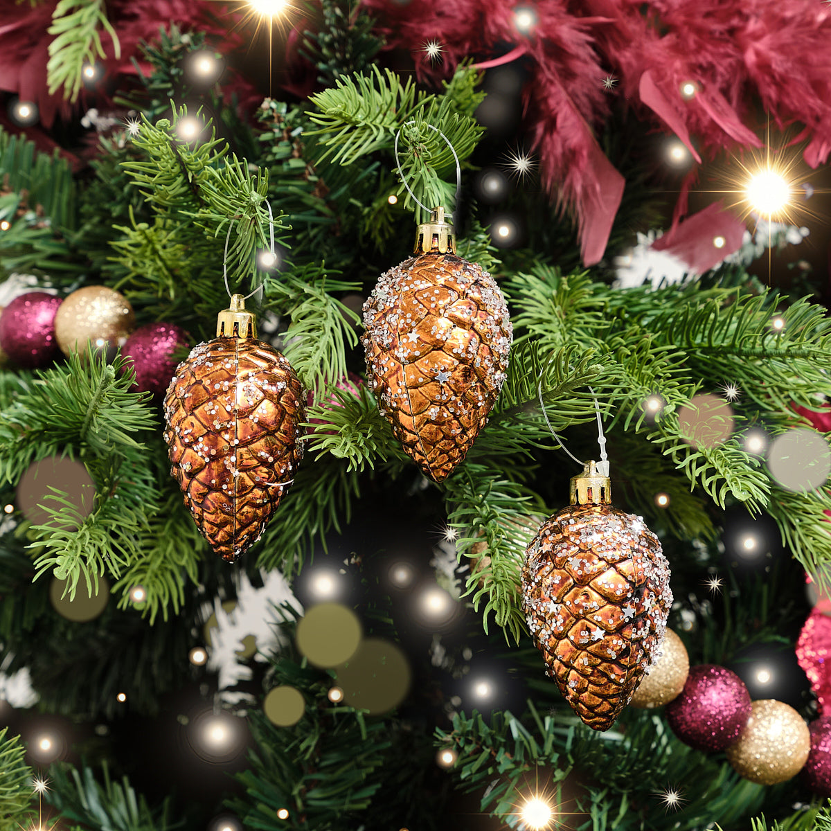 Set of 3 Gold & Bronze Sequin Pinecone Bauble Decorations - 6.5cm