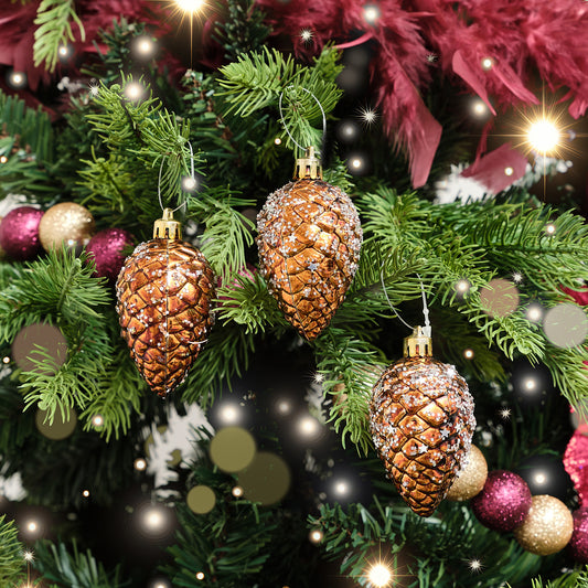  Set of 3 Gold & Bronze Sequin Pinecone Bauble Decorations - 6.5cm 