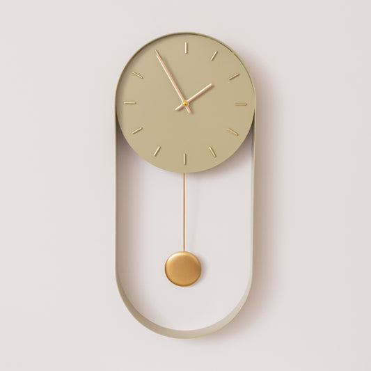  Olive Green & Gold Pendulum Metal Analogue Wall Clock - 20cm x 55cm 