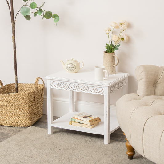  Distressed White Painted Bohemian Side Table - Freya White Range 