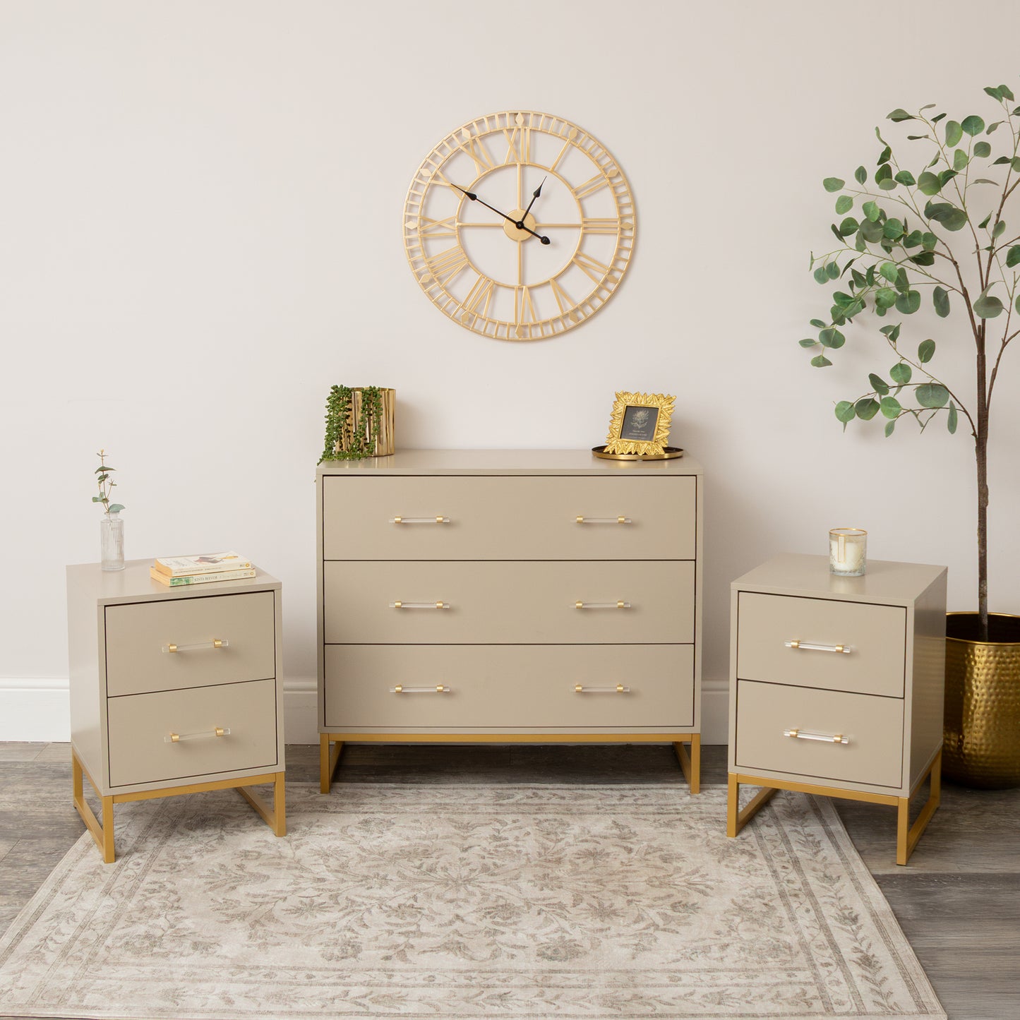 3 Drawer Chest of Drawers, Dressing Table Set & Pair of Two Drawer Bedside Tables - Liana Taupe Range