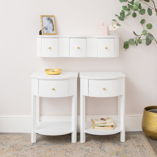  3 Drawer Reeded Wall Mounted Floating Dressing Table & Pair of Bedside Tables - Willow White Range 