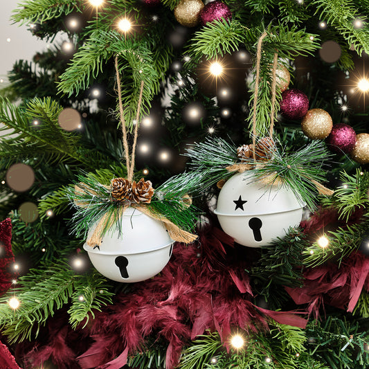  Set of 2 White Bell Hanging Decoration with Foliage 8cm 
