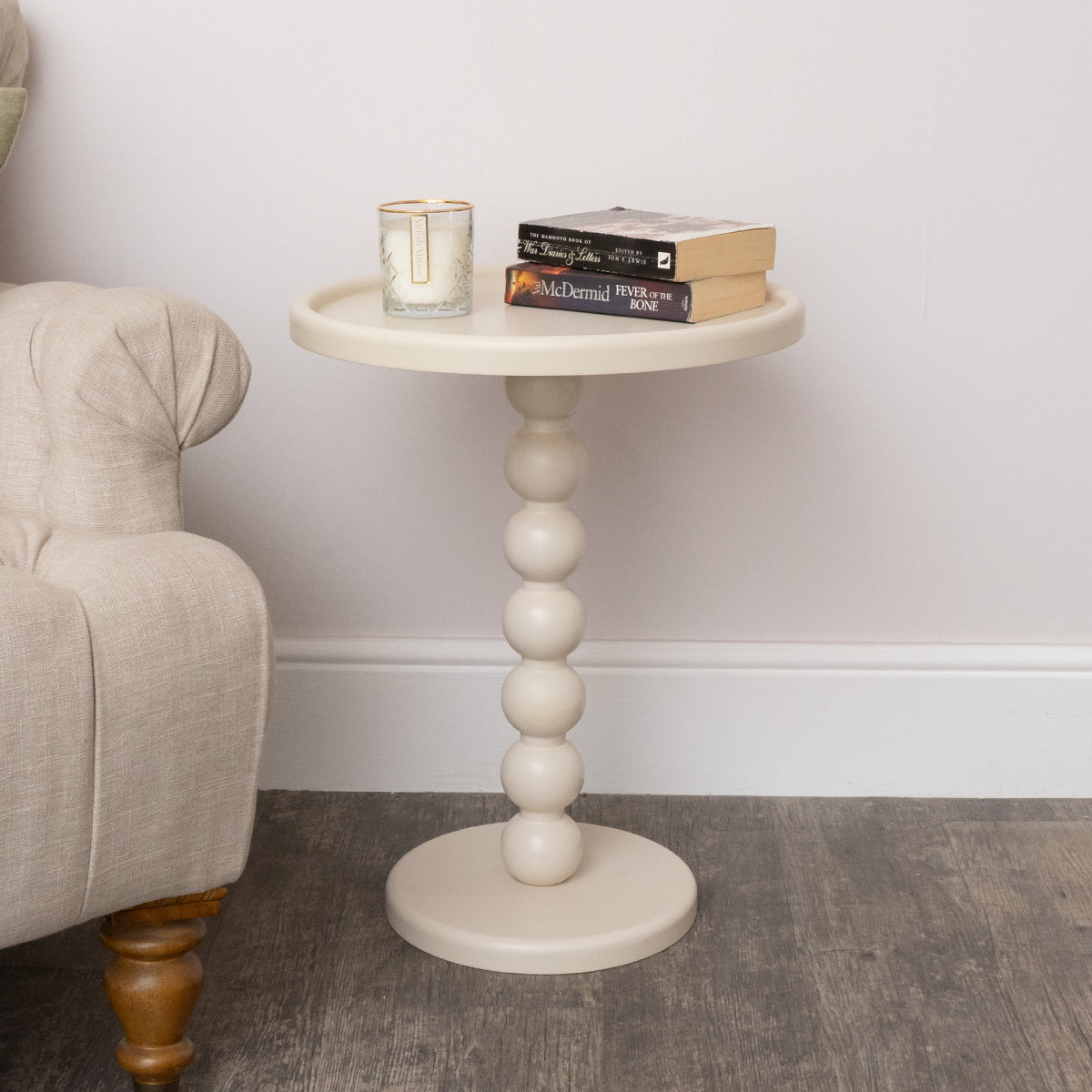 Taupe Painted Round Wooden Bobble Side Table - 45cm x 56.5cm