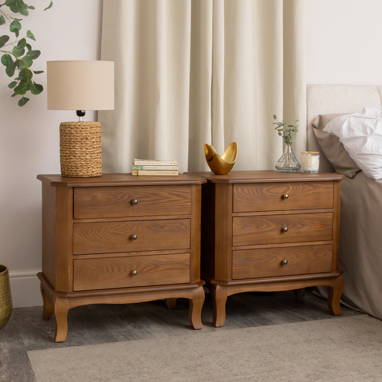 Pair of Dark Wood 3 Drawer Extra Wide Bedside Tables - Ashwell Range