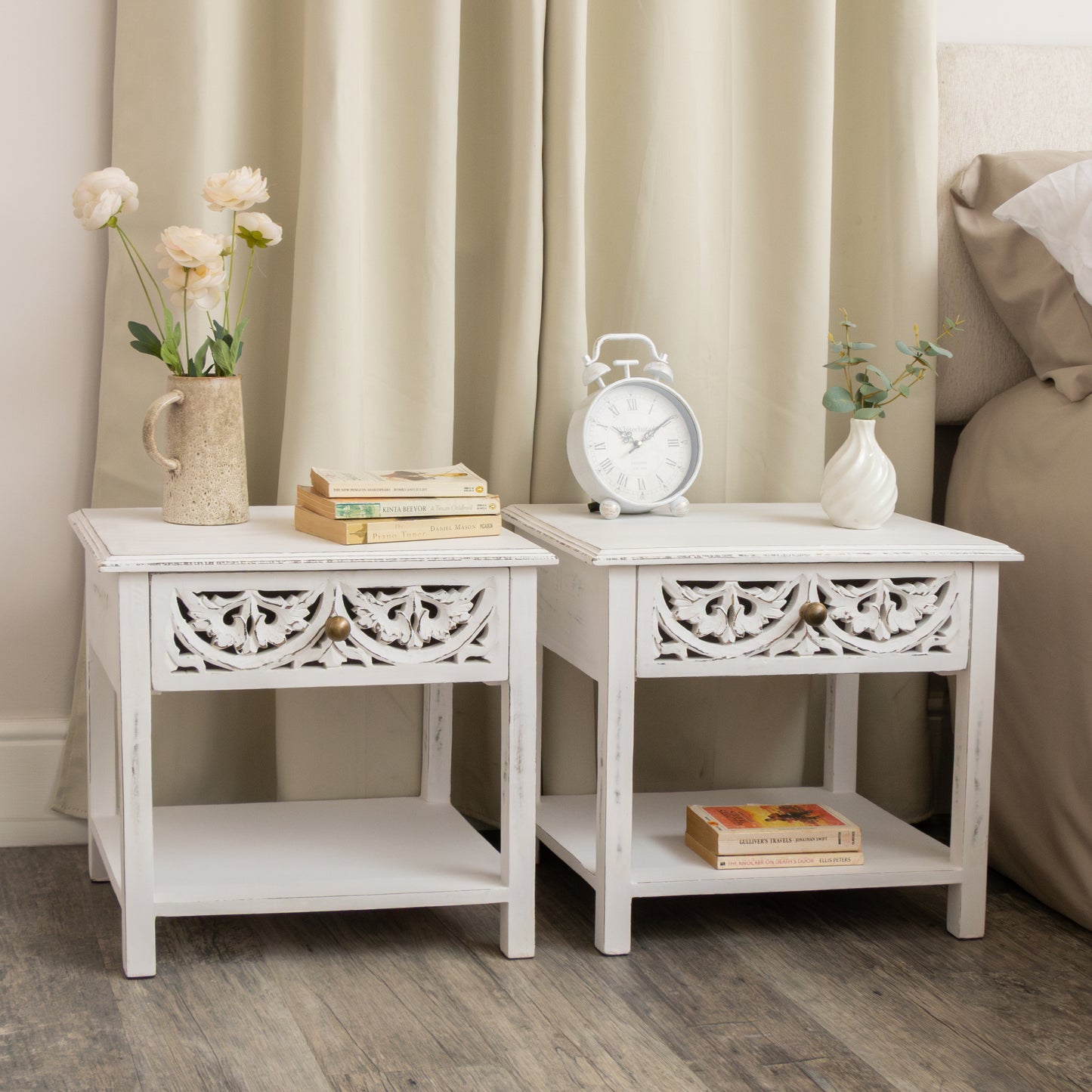 Pair of Distressed White Mango Wood Bohemian Bedside Tables - Freya White Range