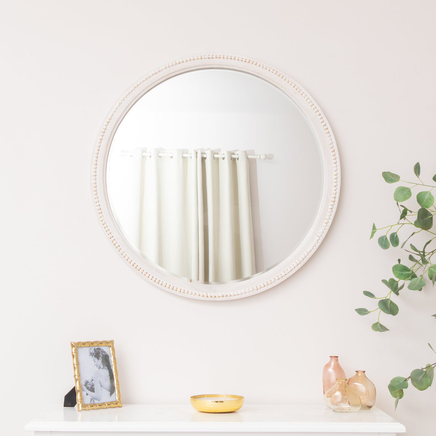 Round Distressed White Washed Wooden Bobbin Detailed Wall Mirror - 80cm x 80cm