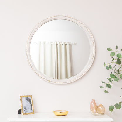 Round Distressed White Washed Wooden Bobbin Detailed Wall Mirror - 80cm x 80cm