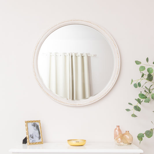  Round Distressed White Washed Wooden Bobbin Detailed Wall Mirror - 80cm x 80cm 