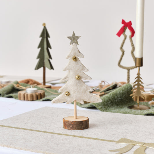  Cream Felt Standing Tree Decoration With Bells - 21.5cm 