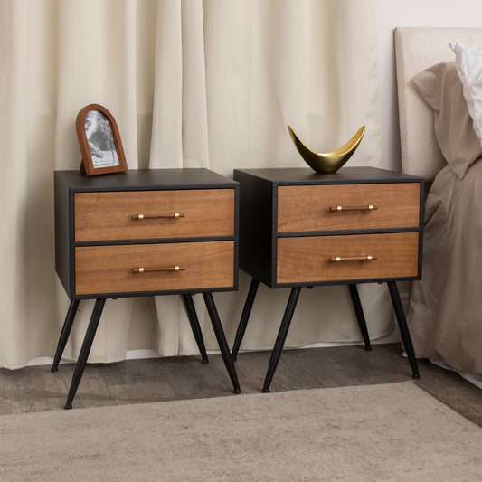  Pair of Mid-Century Modern Wood & Black 2 Drawer Bedside Tables - Industrial Range 