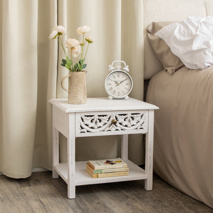 Distressed White Mango Wood Bohemian Bedside Table - Freya White Range