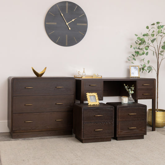  Dark Wood Chest of 3 Drawers, Dressing Table & Pair of Bedside Tables - Kingsley Range 