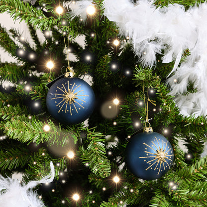 Set of 2 Navy Blue & Gold Glittered Starburst Baubles - 8cm