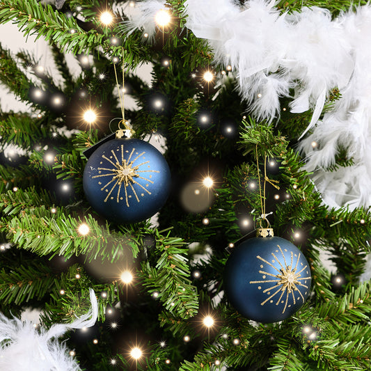  Set of 2 Navy Blue & Gold Glittered Starburst Baubles - 8cm 