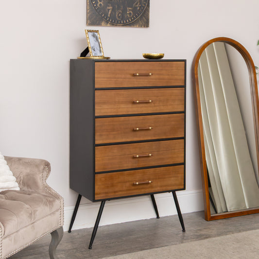  Mid-Century Modern Wooden & Black 5 Drawer Tallboy - Industrial Range 