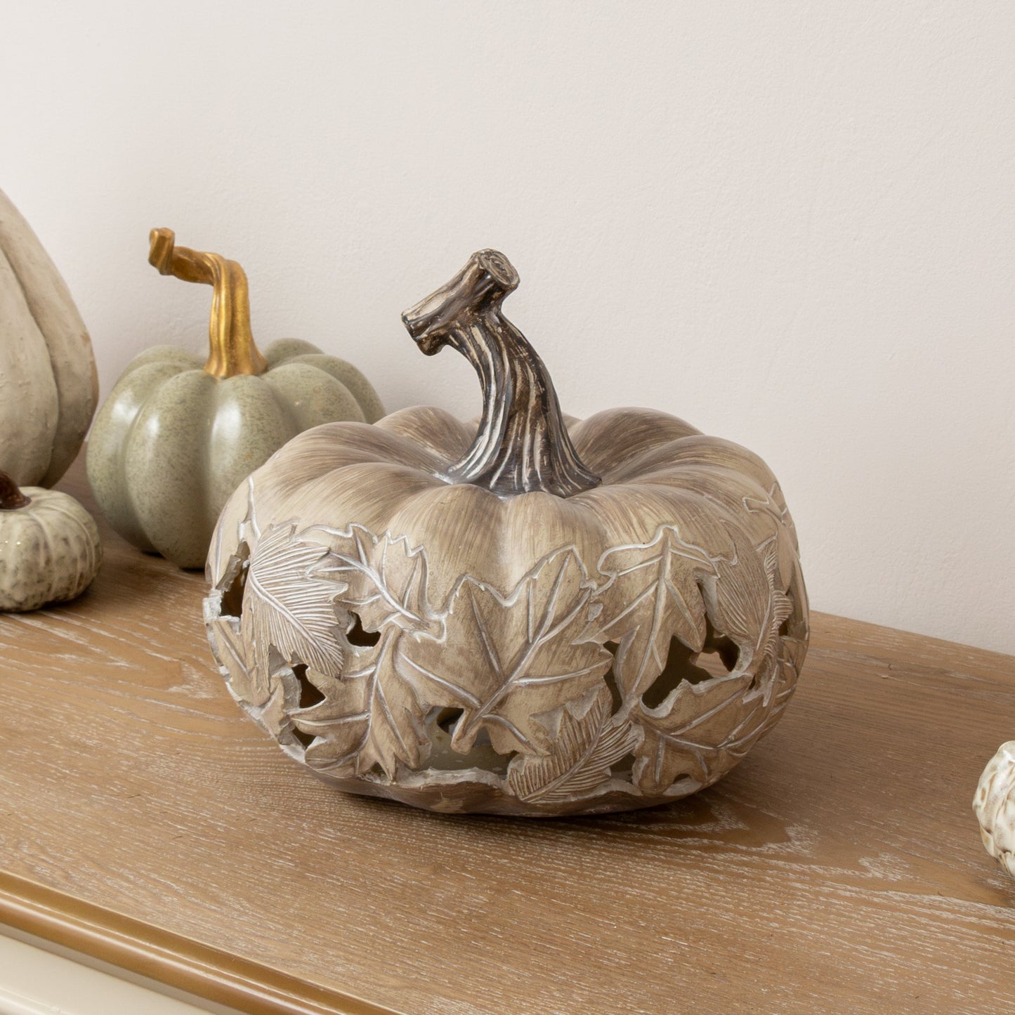 LED White & Grey Leaf Pattern Pumpkin Ornament - 23cm x 20cm