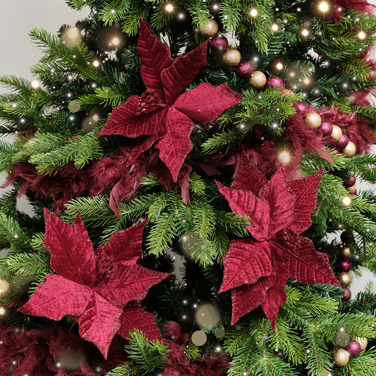  Set of 3 Burgundy Velvet Poinsettia Floral Tree Decorative Picks - 22cm 
