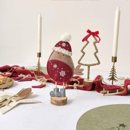  Neutral & Red Felt Robin Standing Decoration with Wooden Base - 22cm 