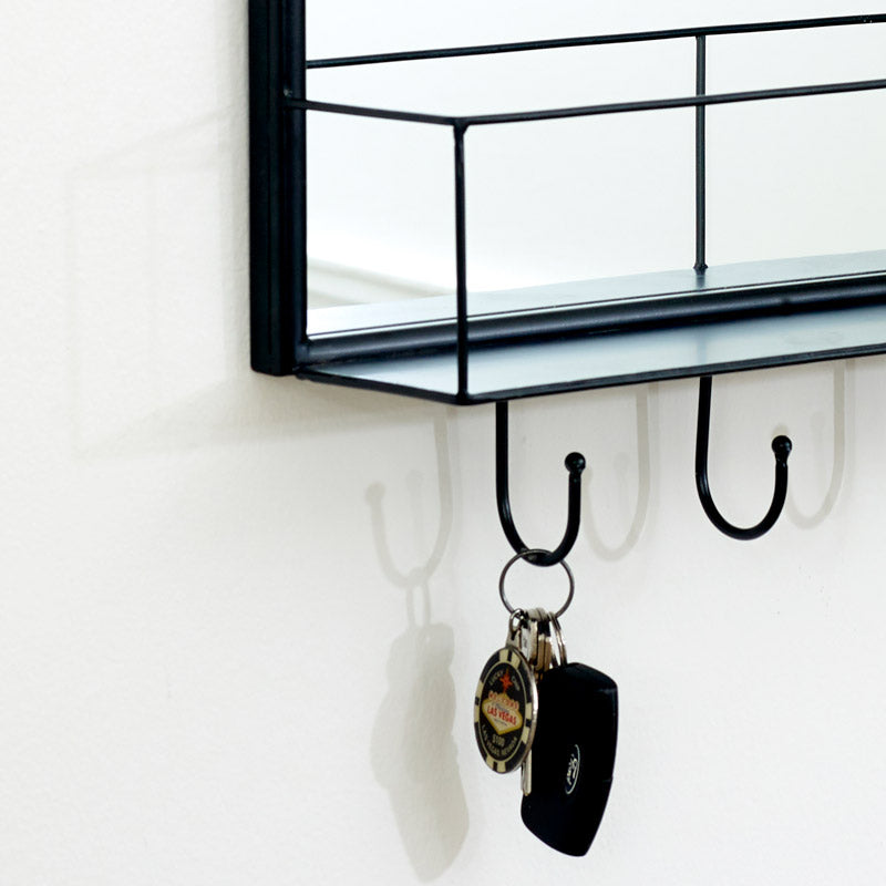 Black Mirrored Wall Shelf With Hooks