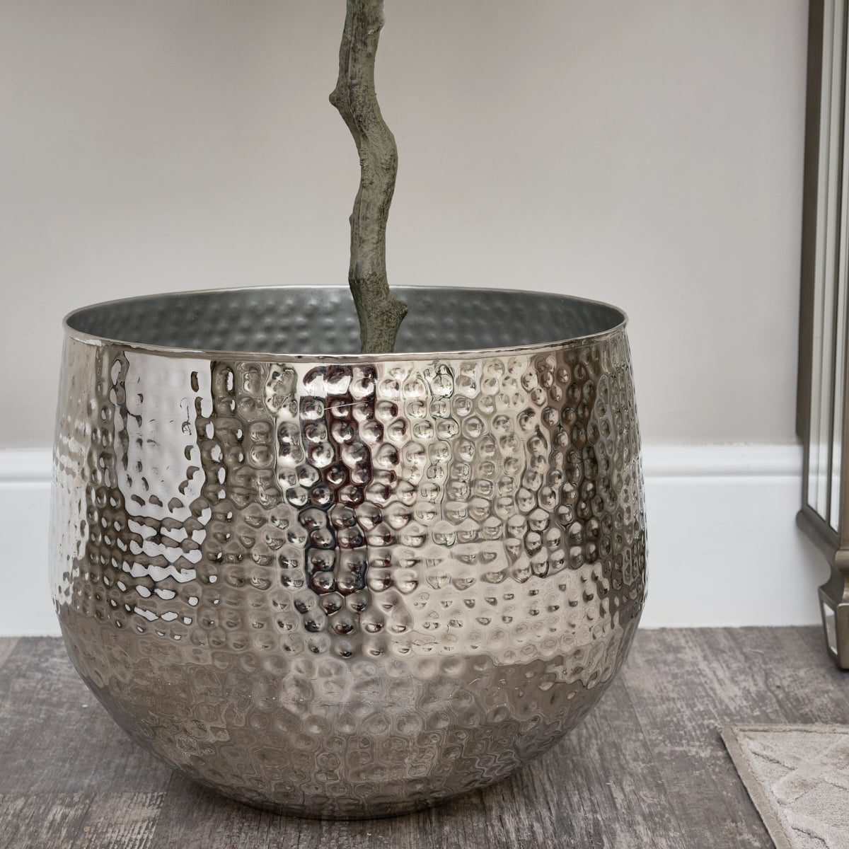 Large Silver Hammered Metal Planter