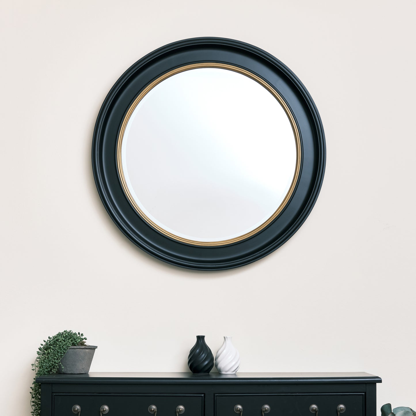 Large Round Black & Gold Wall Mirror - 80cm x 80cm