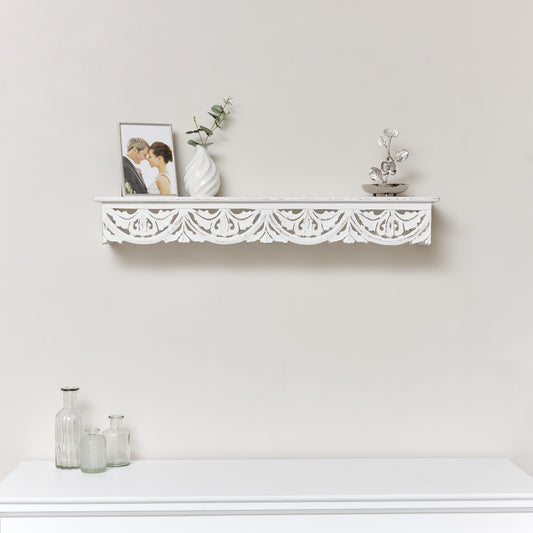  Large White Wooden Carved Boho Wall Shelf - 81cm 