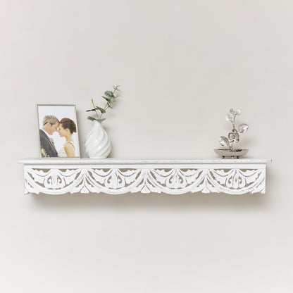 Large White Wooden Carved Boho Wall Shelf - 81cm